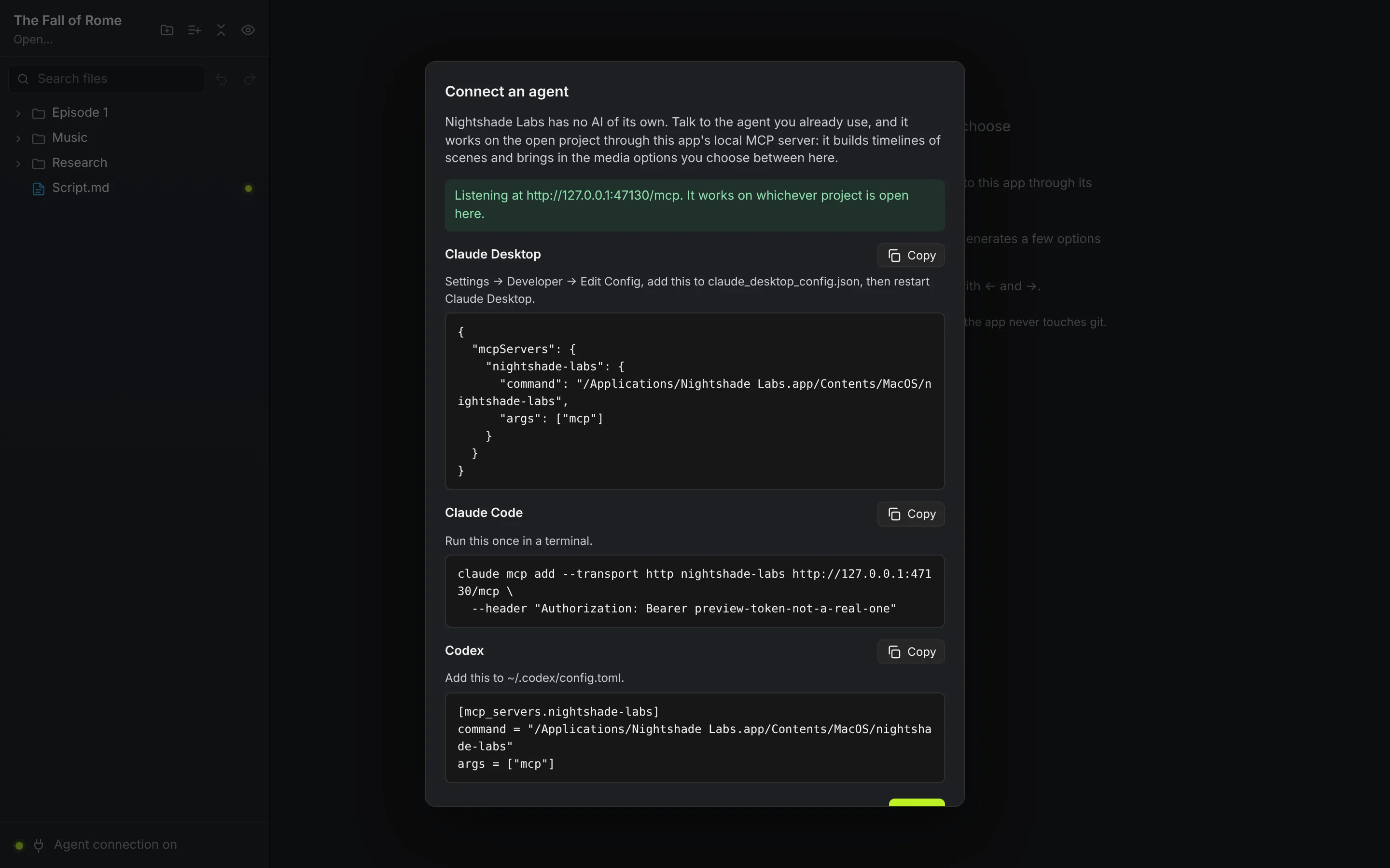 The Connect an agent window with copyable settings for Claude Desktop, Claude Code and Codex