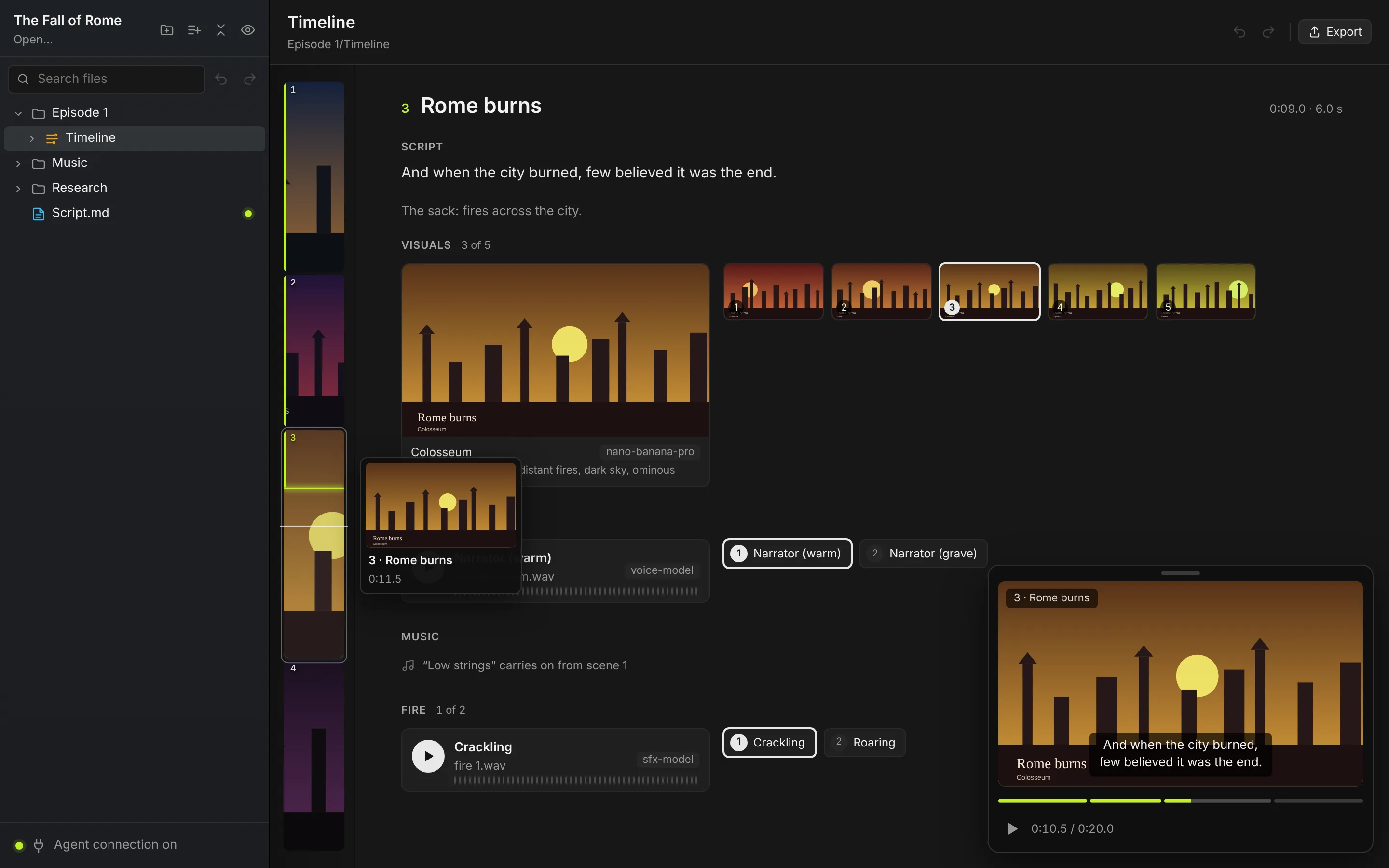 Playing scene three, Rome burns: the player shows the chapter with its subtitle, and the mini map glows on scene three with a hover card naming it