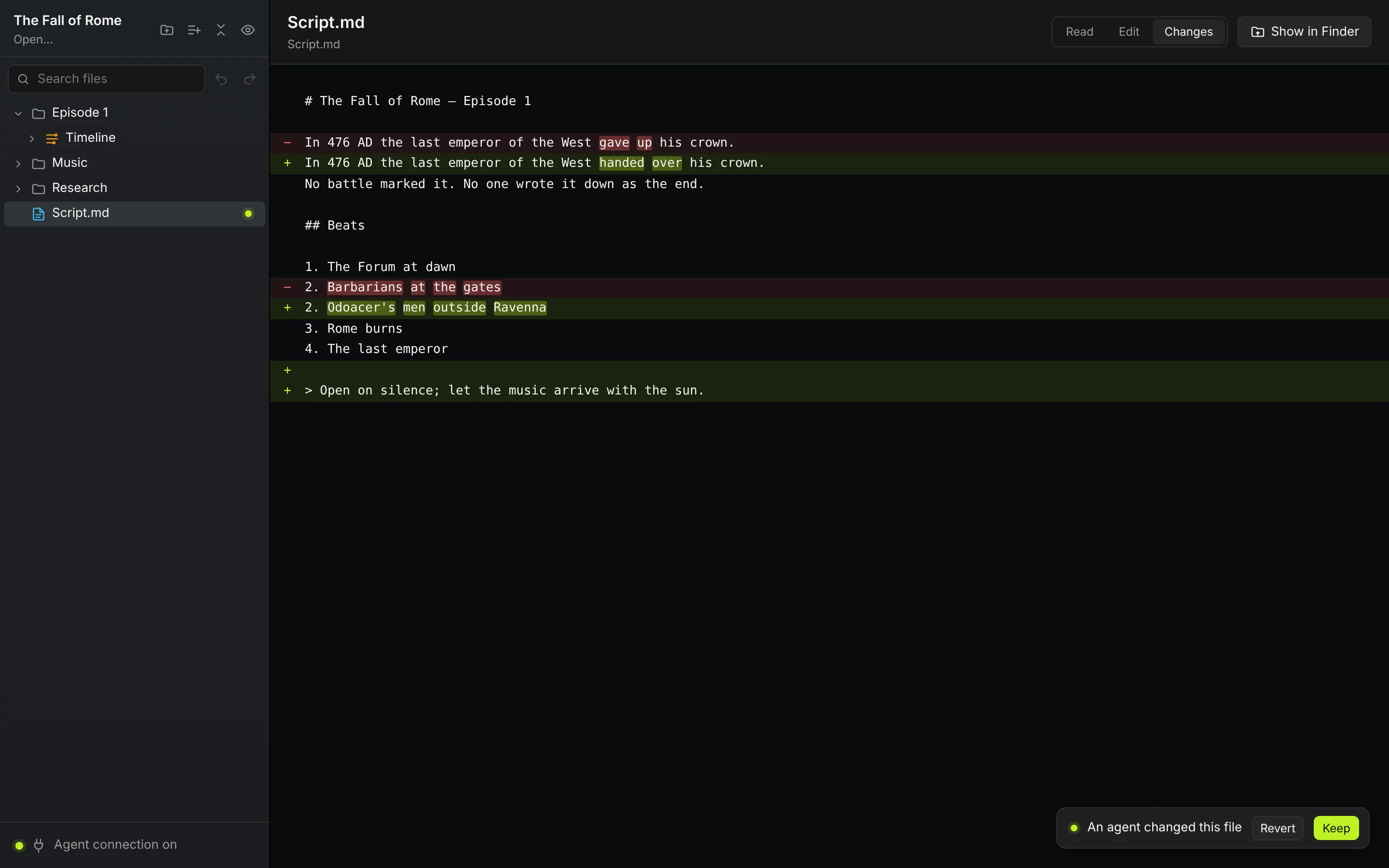 A script with the agent's changes in red and green, and Keep and Revert buttons