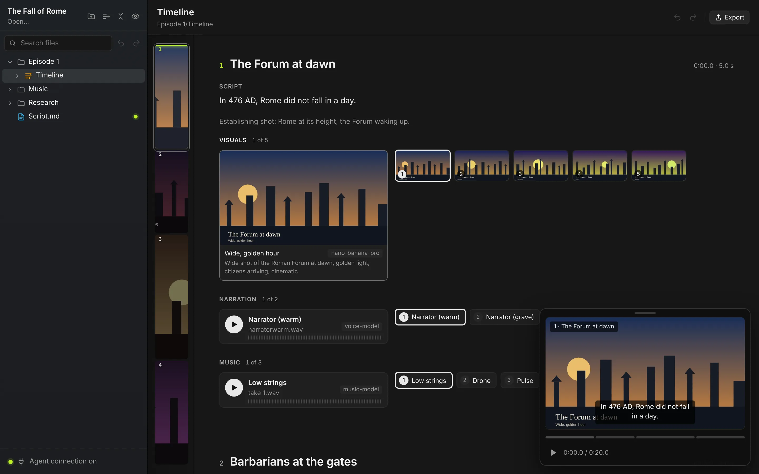 A timeline in Nightshade Labs: scene one, The Forum at dawn, with its script, five picture options, two narrator takes and three music tracks, a mini map of the scenes down the left and the player floating at the bottom right